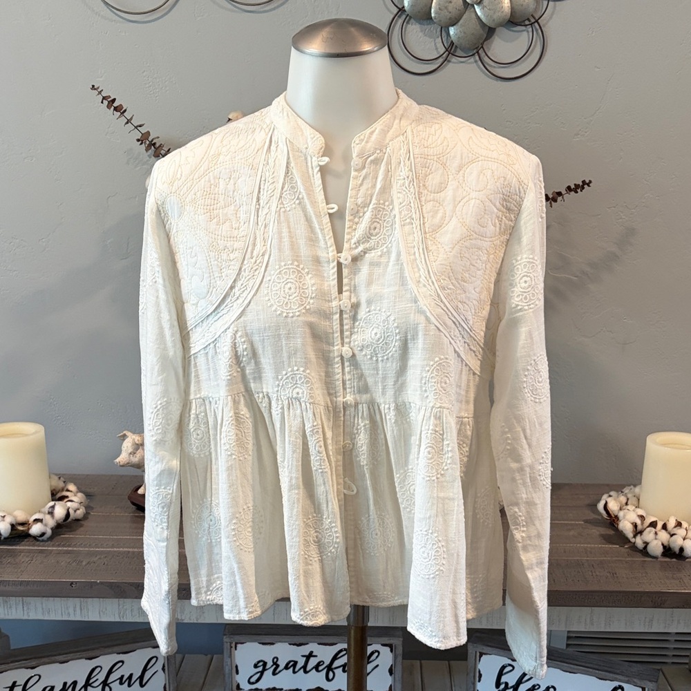 Cream Embroidered Peasant Blouse with Button Front